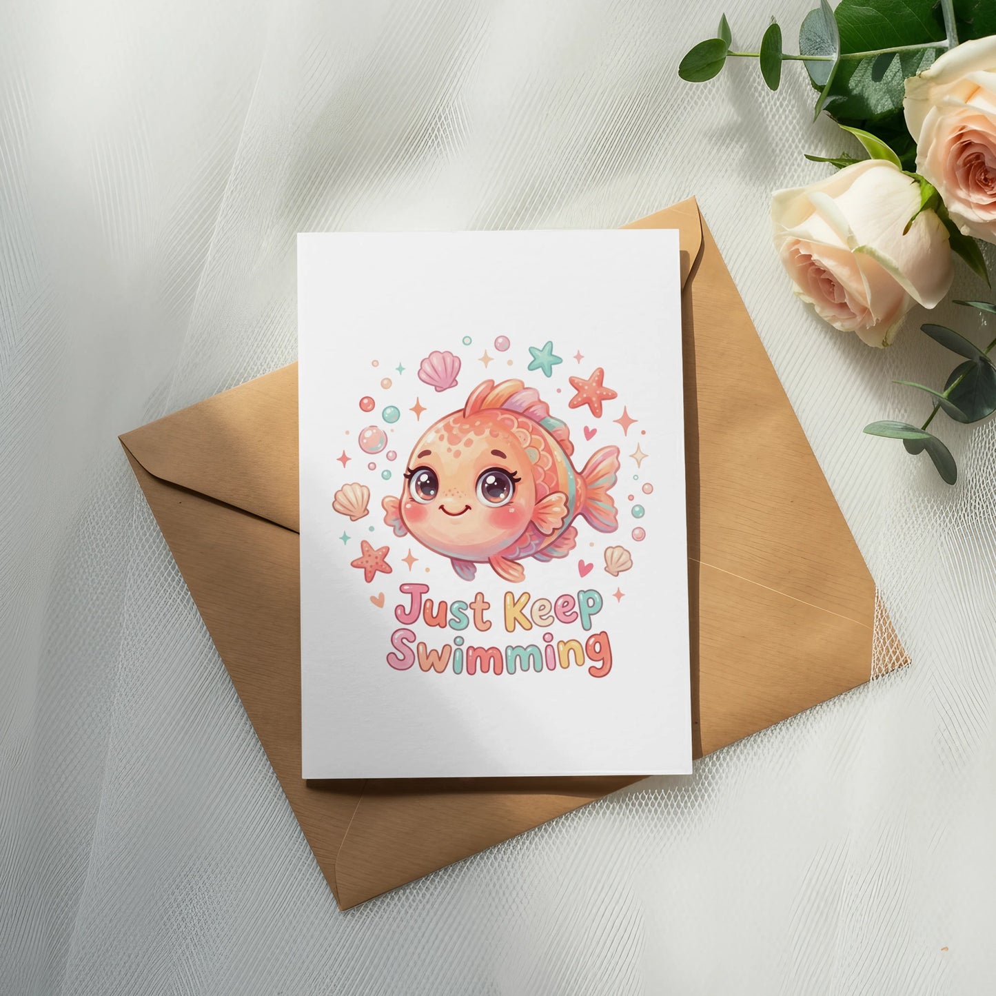 Card with a cute fish and "Just Keep Swimming" text, on an envelope.