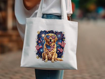 Golden retriever wearing sunglasses and American flag bandana, against patriotic fireworks.