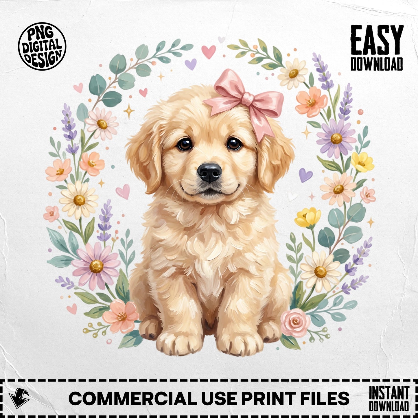 Golden retriever puppy wearing a pink bow, surrounded by a floral wreath.