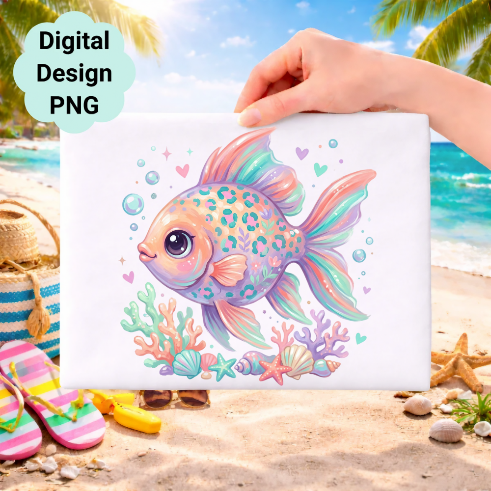 Pastel cartoon fish with bubbles and seashells on a beach background.