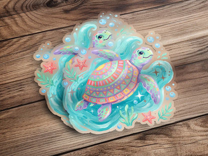 Two colorful sea turtles swim in waves with starfish and bubbles.