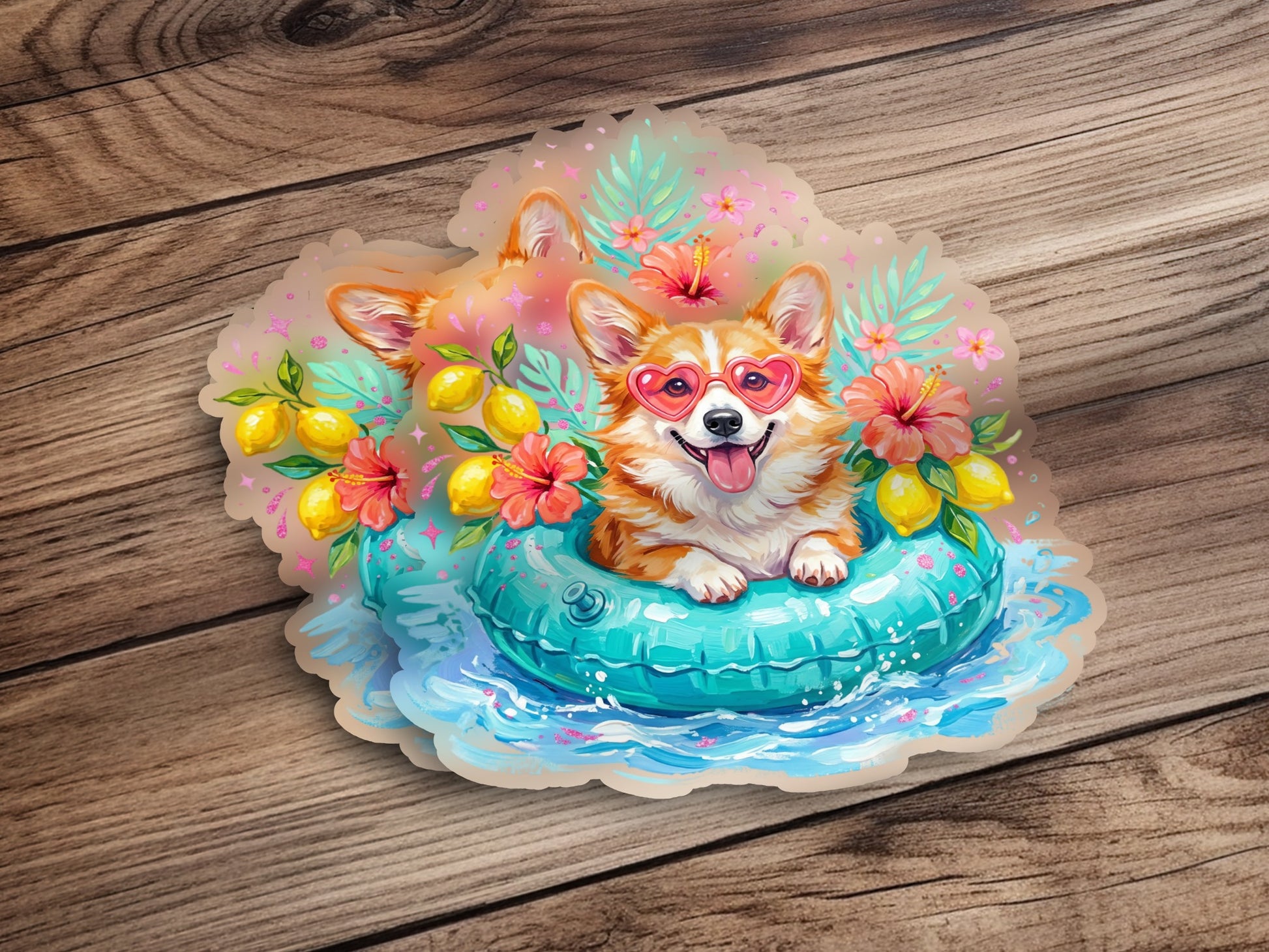Corgi wearing heart sunglasses floats on a blue inner tube with lemons and flowers.