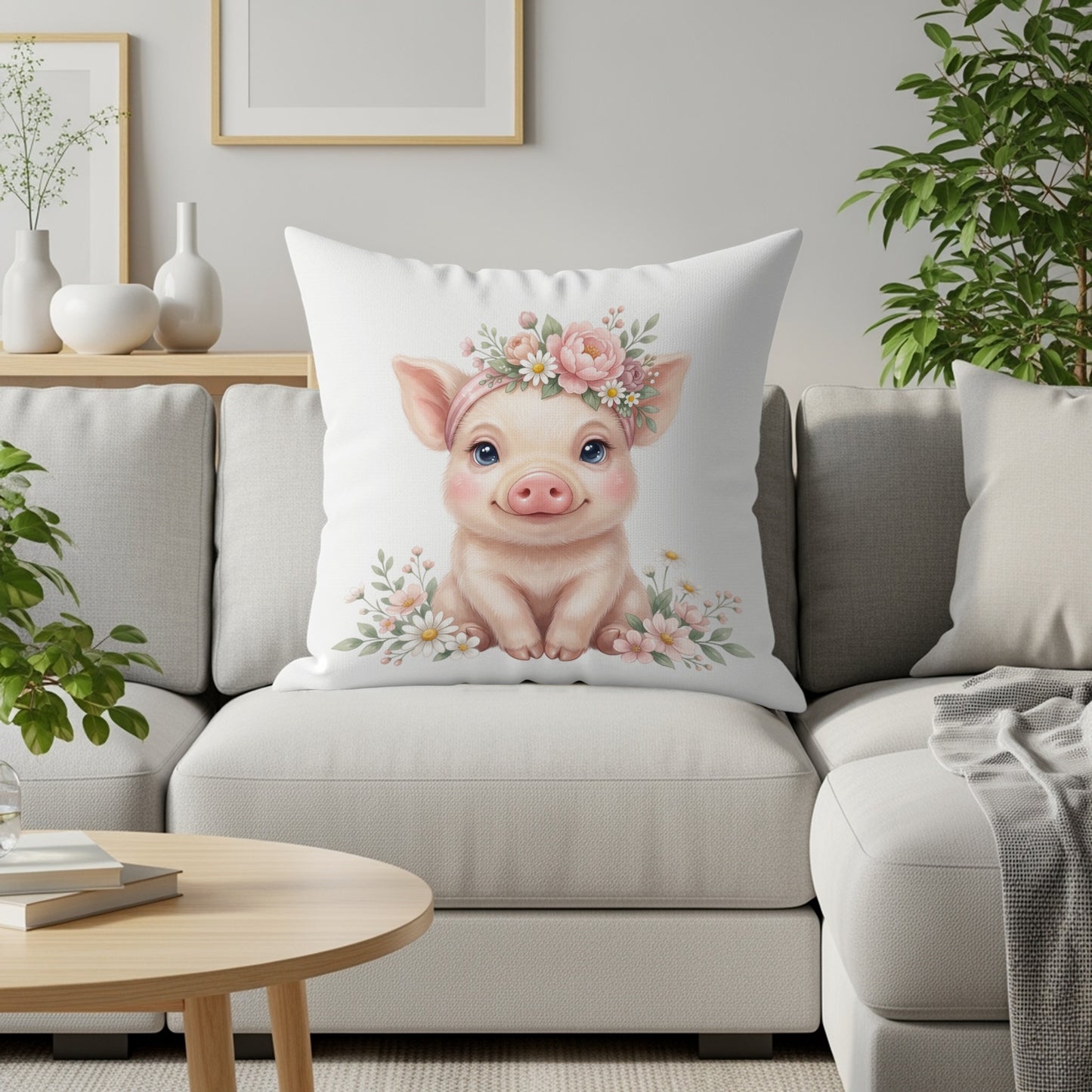 Cartoon pig with floral crown on pillow on a sofa.