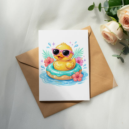 Yellow rubber duck in sunglasses floats in a blue inner tube.