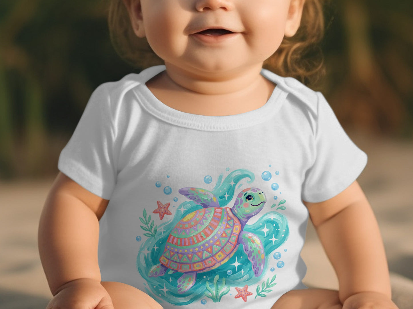 Baby in white onesie with colorful cartoon sea turtle and starfish design.