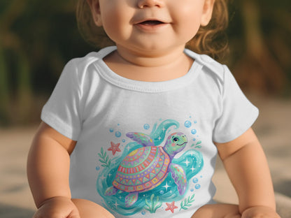 Baby in white onesie with colorful cartoon sea turtle and starfish design.