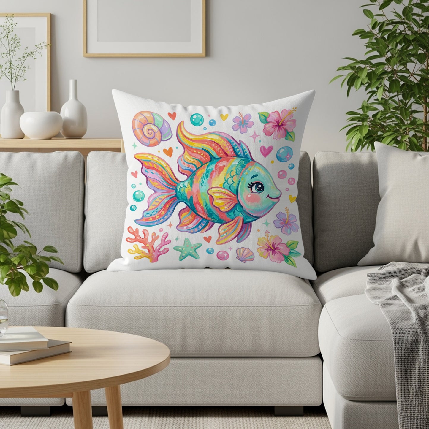 Colorful cartoon fish and sea elements on a throw pillow on a sofa.