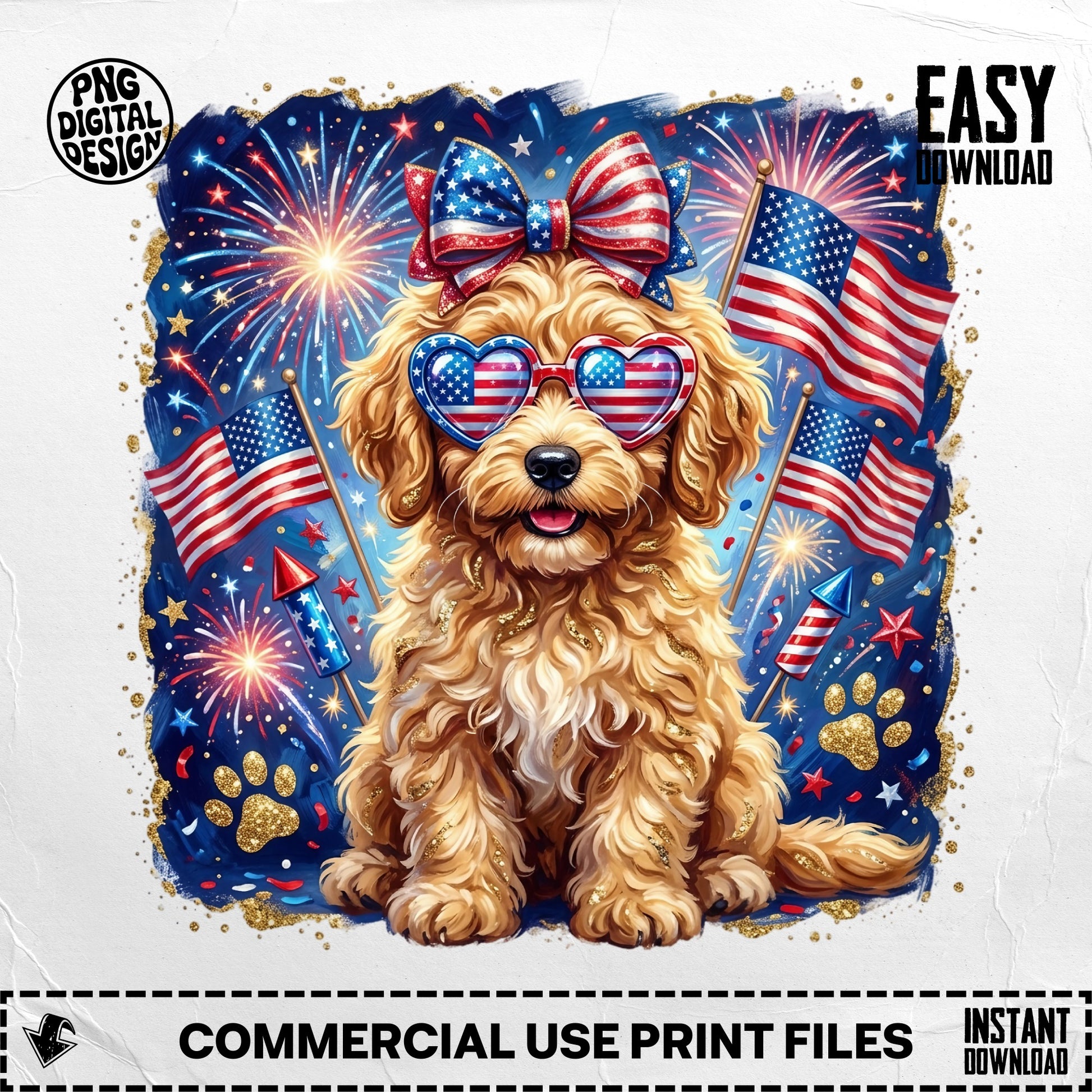 Golden doodle dog wearing patriotic sunglasses and bow, surrounded by fireworks.