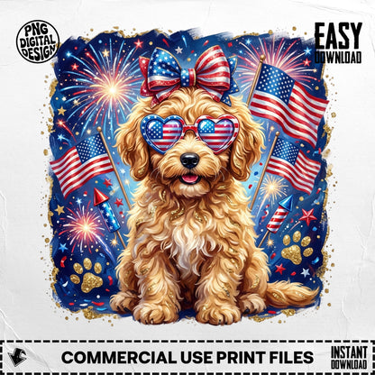 Golden doodle dog wearing patriotic sunglasses and bow, surrounded by fireworks.