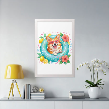 Cute corgi wearing sunglasses in a pool float with lemons and hibiscus flowers.