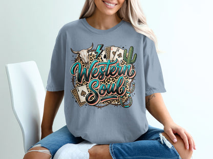 T-shirt with "Western Soul" text, playing cards, skull, and cactus.