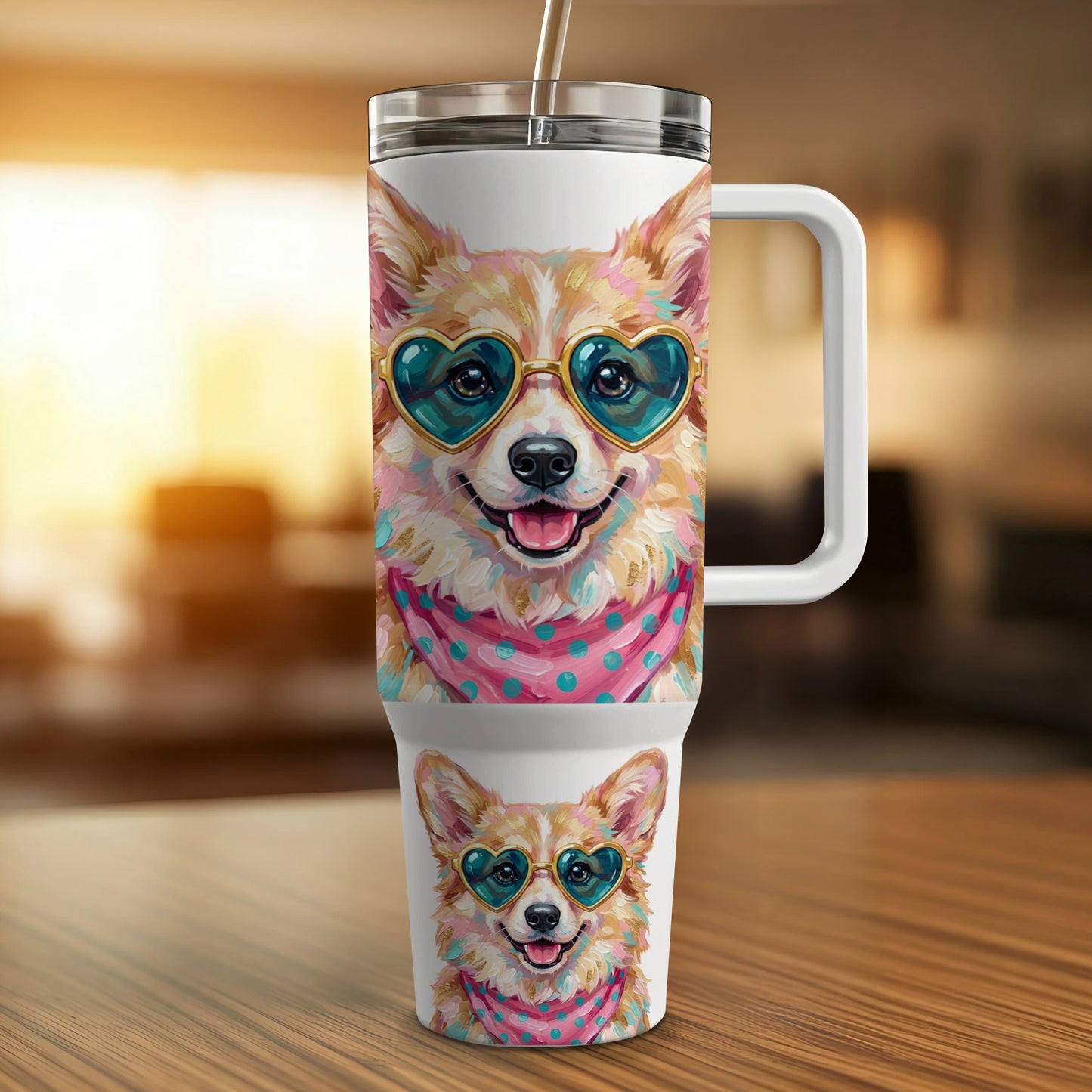 Corgi wearing heart-shaped sunglasses and bandana on tumbler.