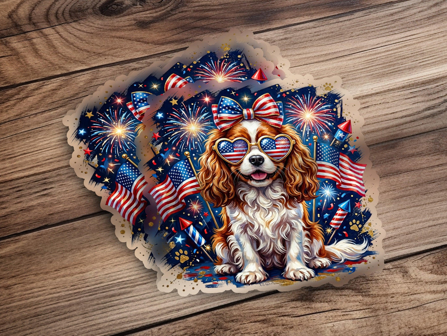 Dog with patriotic sunglasses and bow sits among fireworks and American flags.