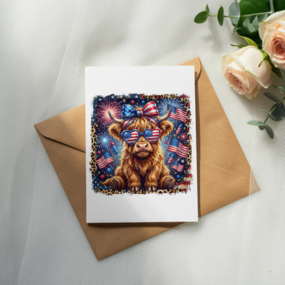 Highland cow wearing sunglasses and American flag bandana, surrounded by fireworks.