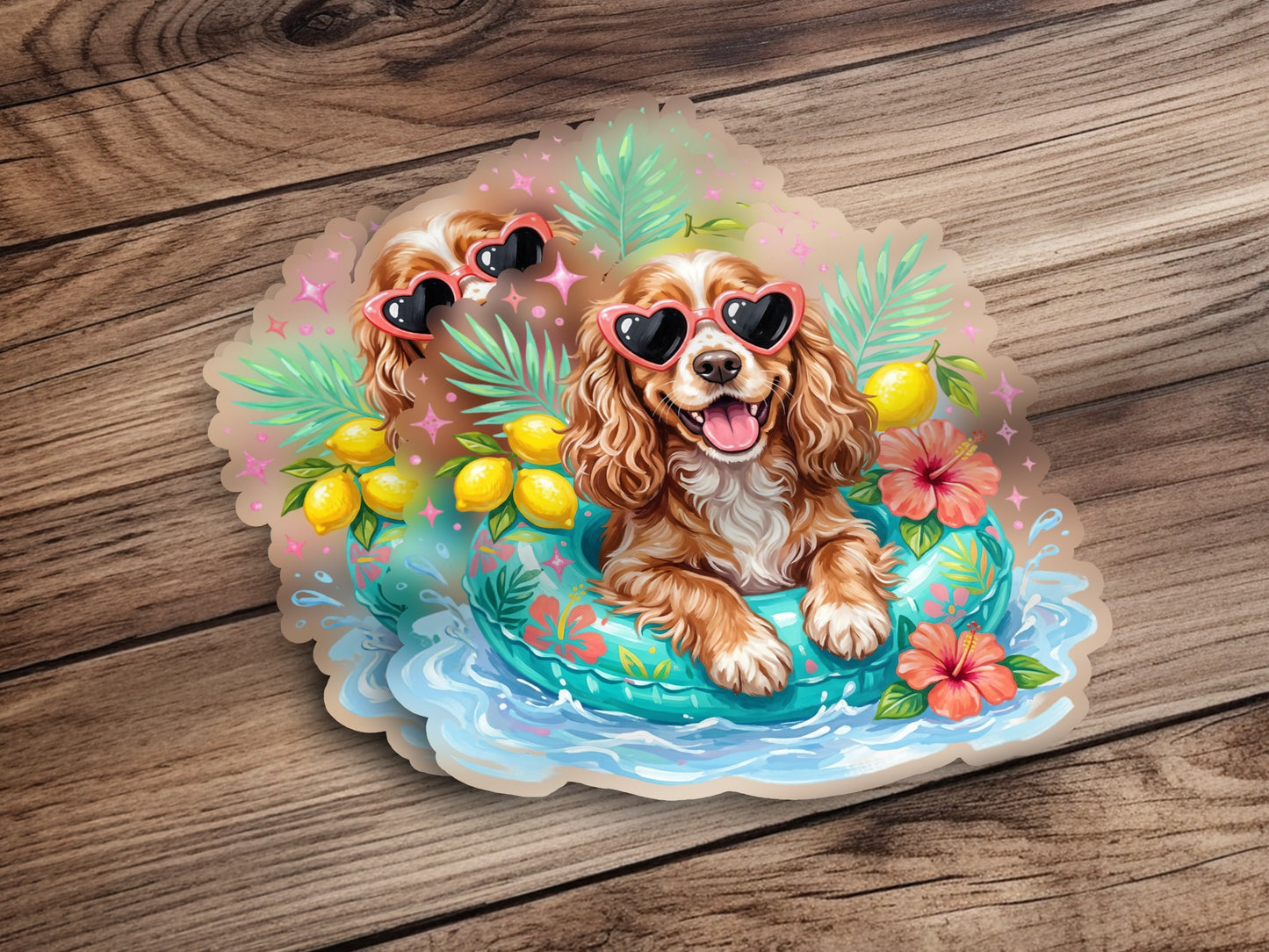 Happy dog in a pool float with heart-shaped sunglasses and lemons.