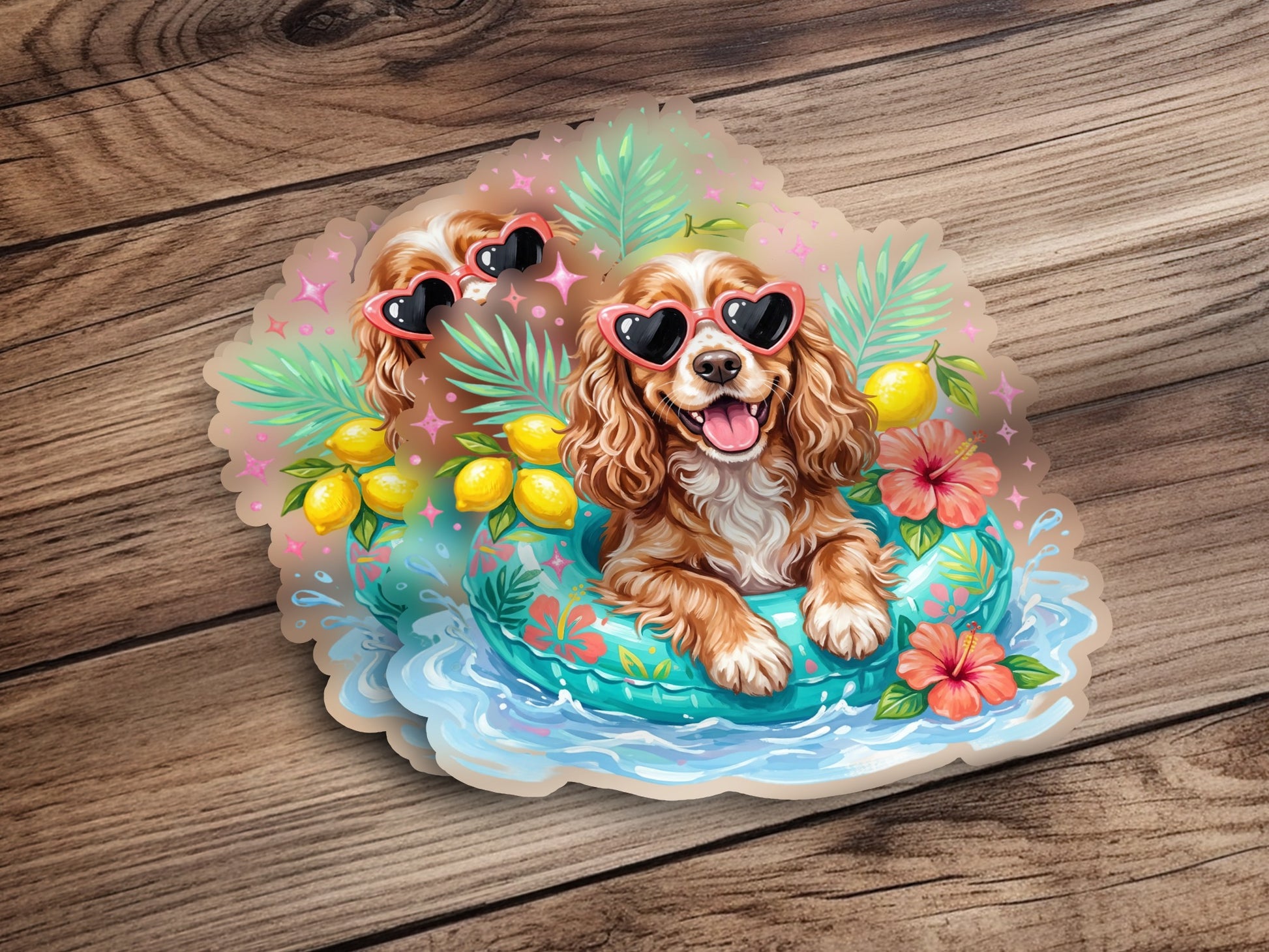 Happy dog in a pool float with heart-shaped sunglasses and lemons.
