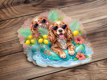 Happy dog in a pool float with heart-shaped sunglasses and lemons.