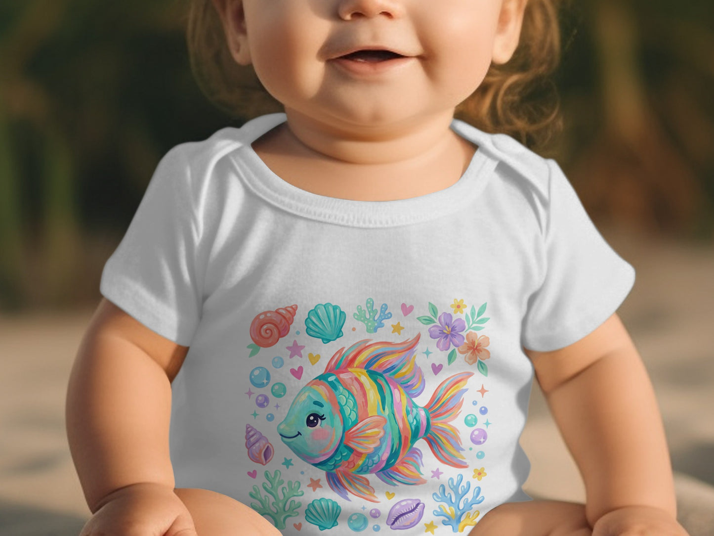 Baby wearing a white bodysuit with a colorful cartoon fish and seashells design.