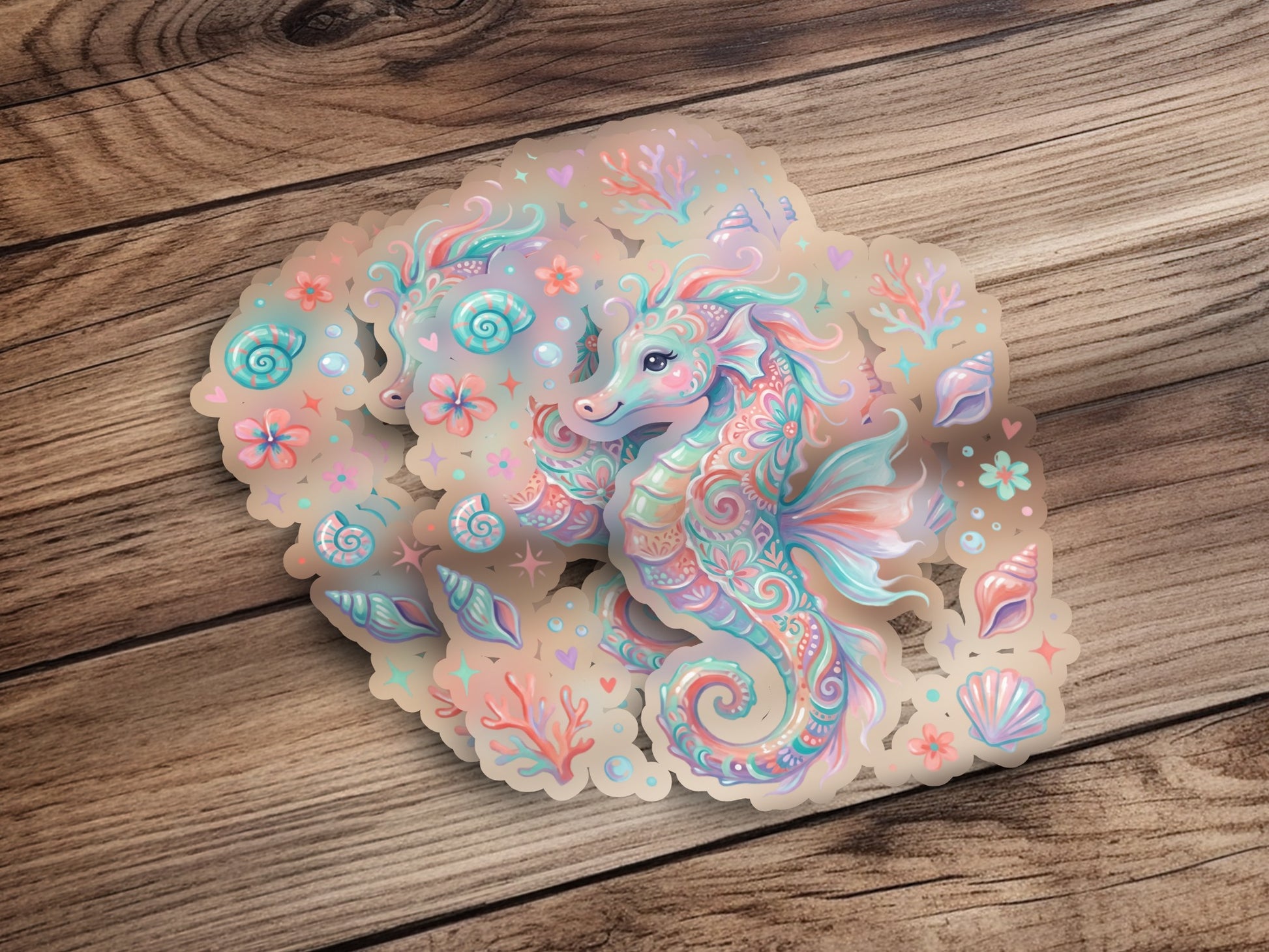 Whimsical seahorse sticker with pastel floral and shell accents.