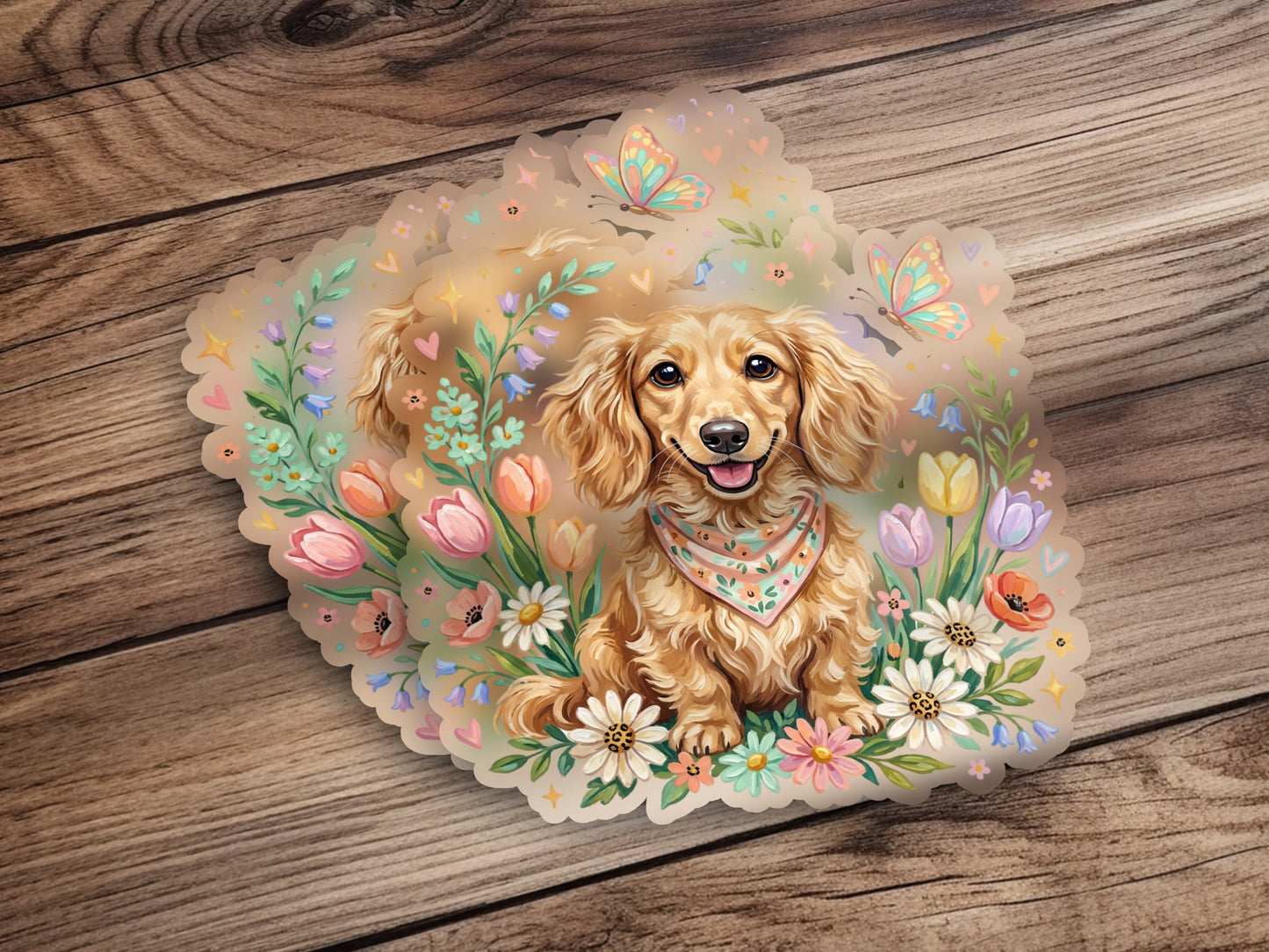 Dachshund puppy in a floral arrangement with butterflies and a colorful bandana.
