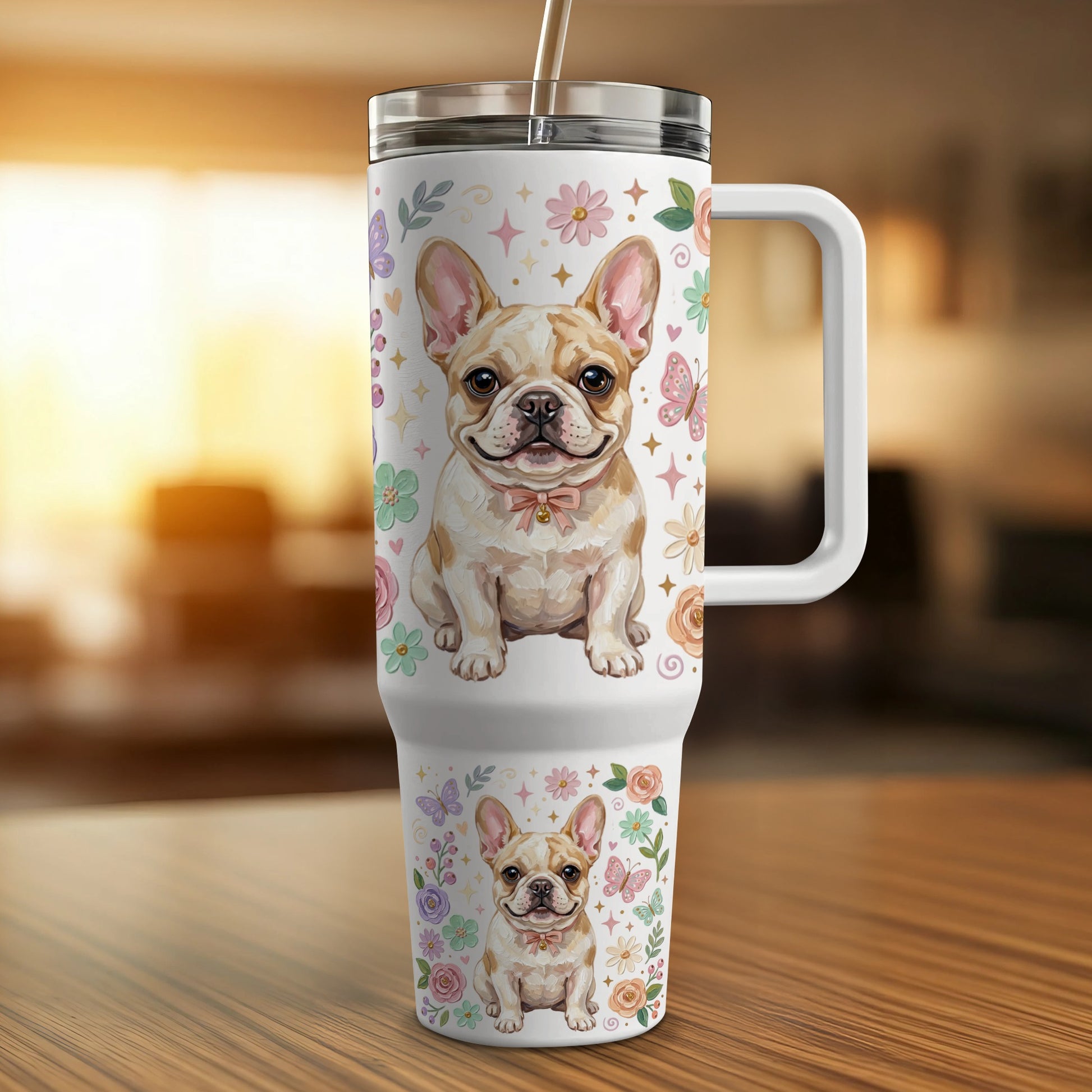 French bulldog with floral and butterfly pattern on tumbler cup.