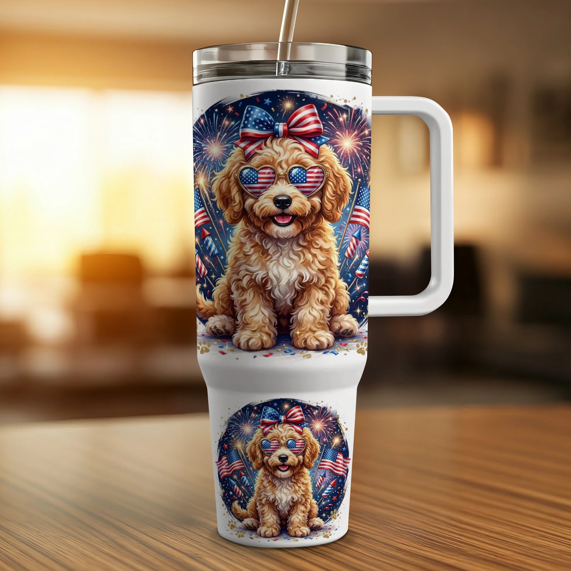 Dog wearing sunglasses on a patriotic tumbler with fireworks.