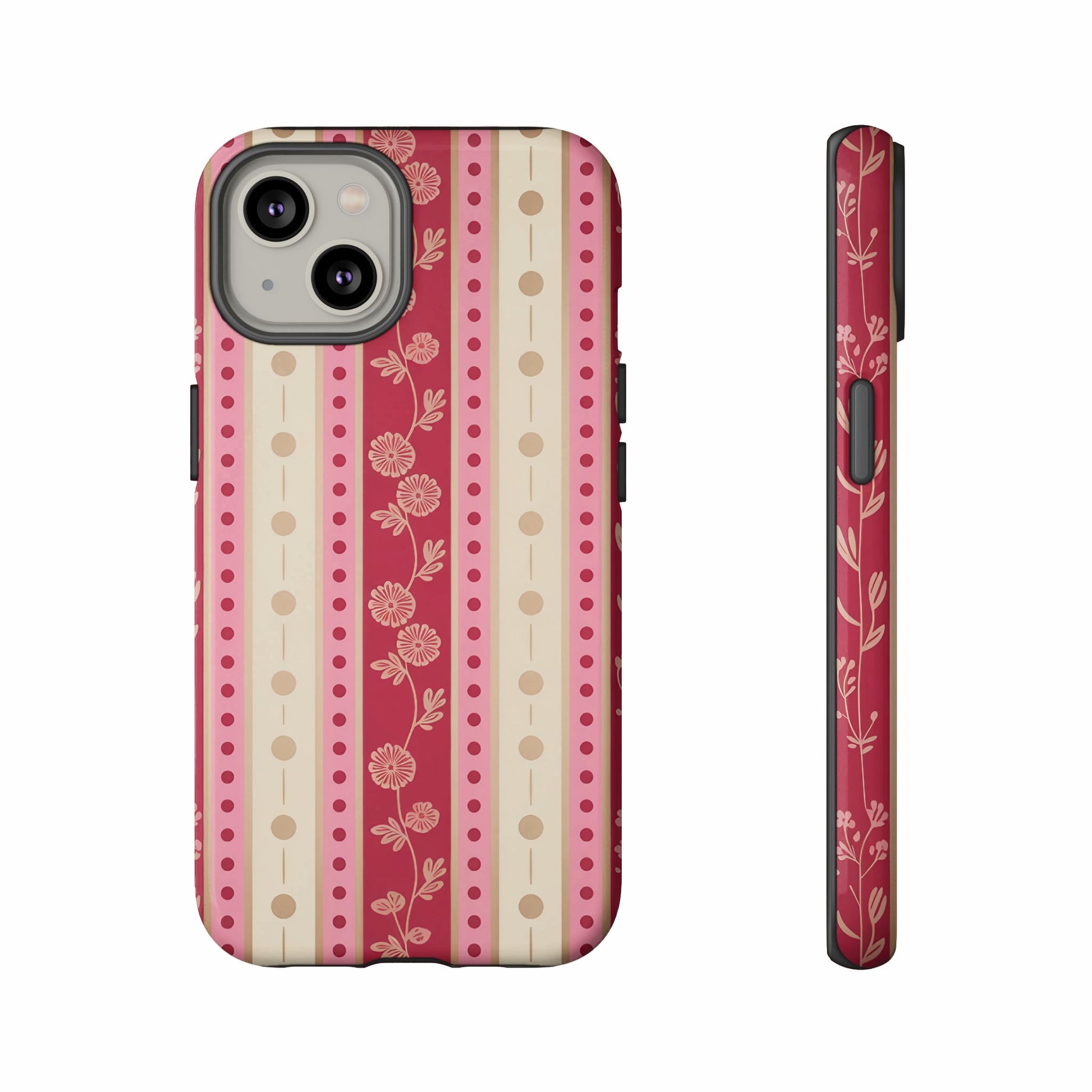 Striped phone case with floral pattern in pink and beige.