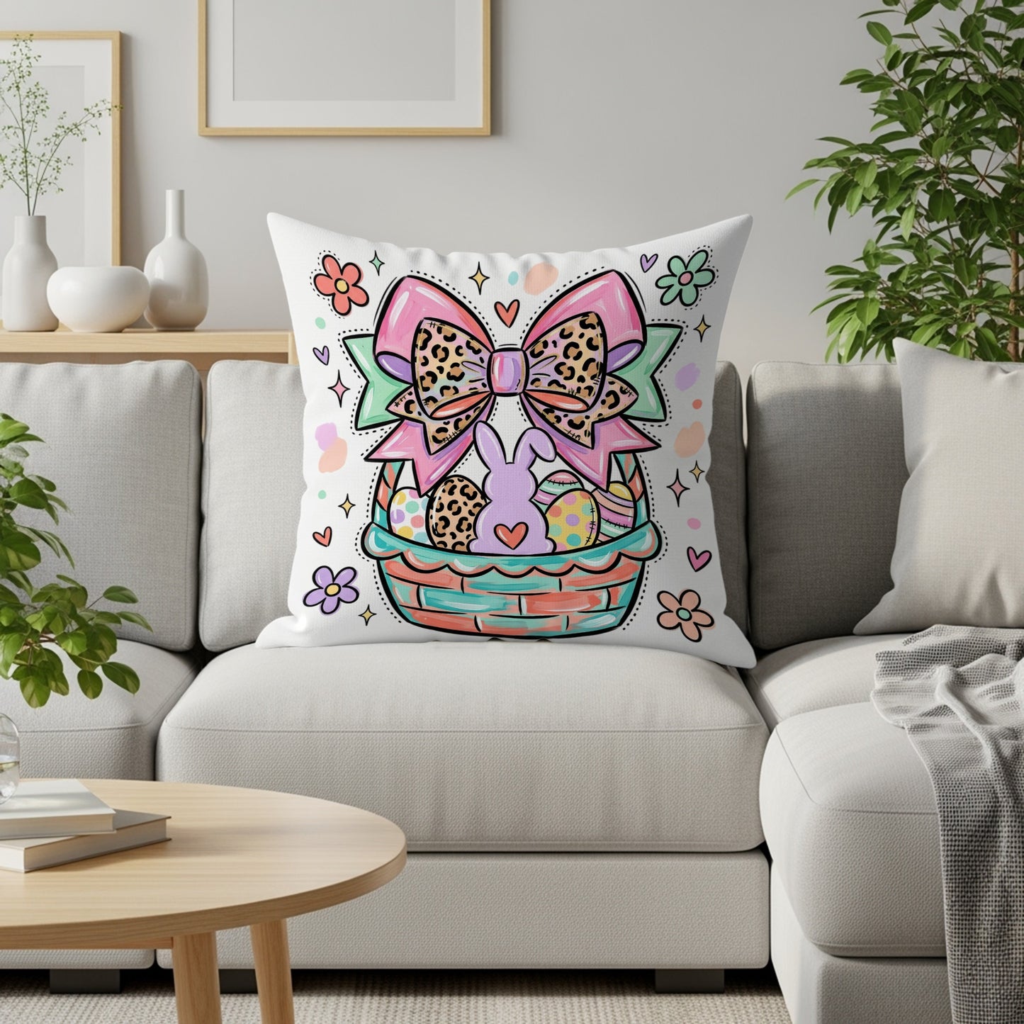 Easter basket with bow and bunnies on a couch.