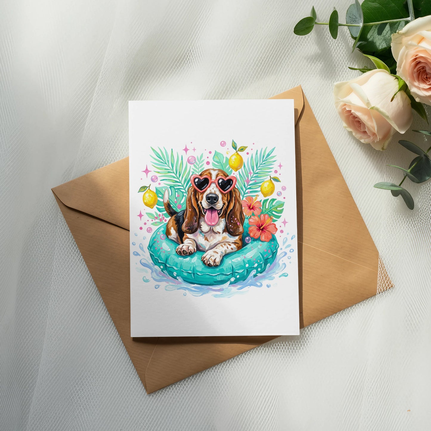 Beagle wearing heart sunglasses rests in a pool float with tropical leaves and lemons.