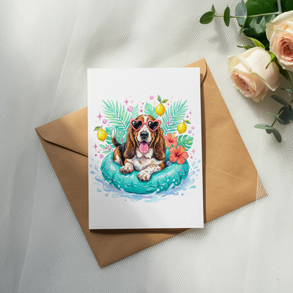 Beagle wearing heart sunglasses rests in a pool float with tropical leaves and lemons.