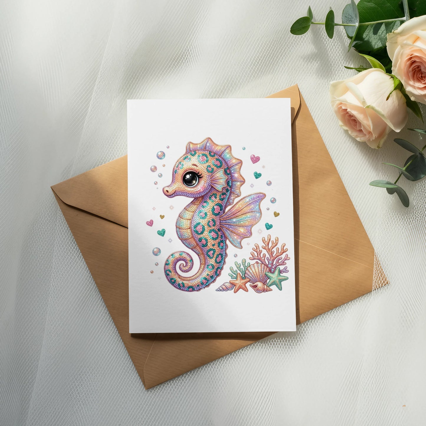 Greeting card featuring a colorful, patterned seahorse with seashells and coral.