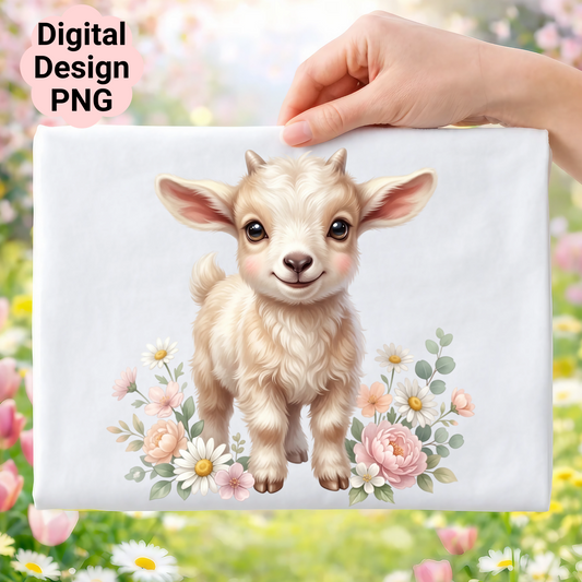 Cute baby goat with flowers.