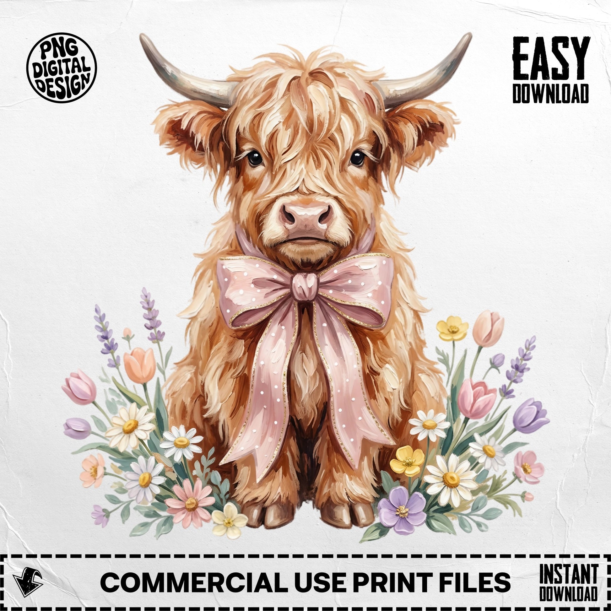 Highland cow with pink bow, surrounded by flowers.