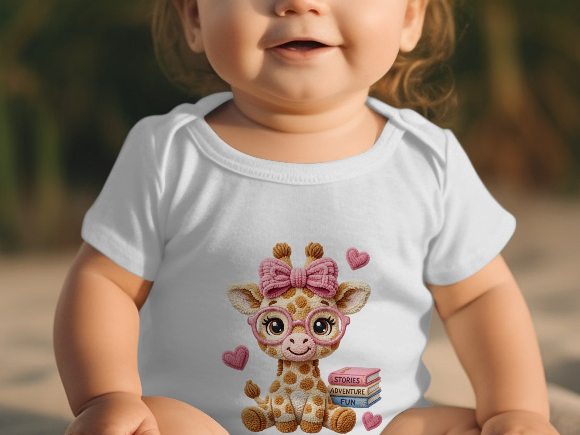 Baby in white onesie with a cartoon giraffe wearing glasses and holding books.