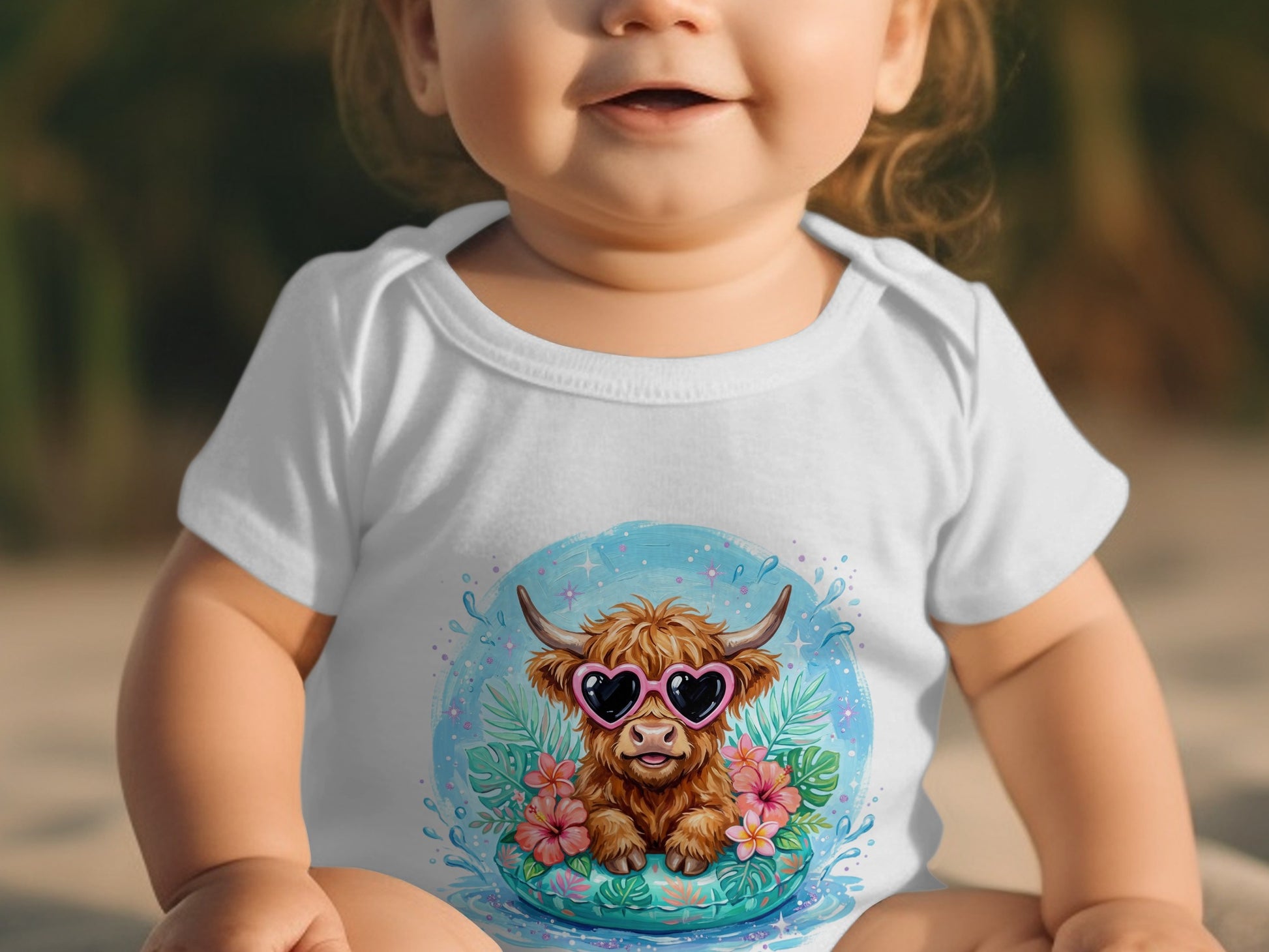 Baby wearing white onesie with cartoon Highland cow graphic and pink heart sunglasses.