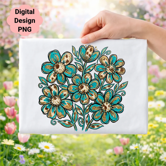 Teal and brown floral design with glitter detail on white background.