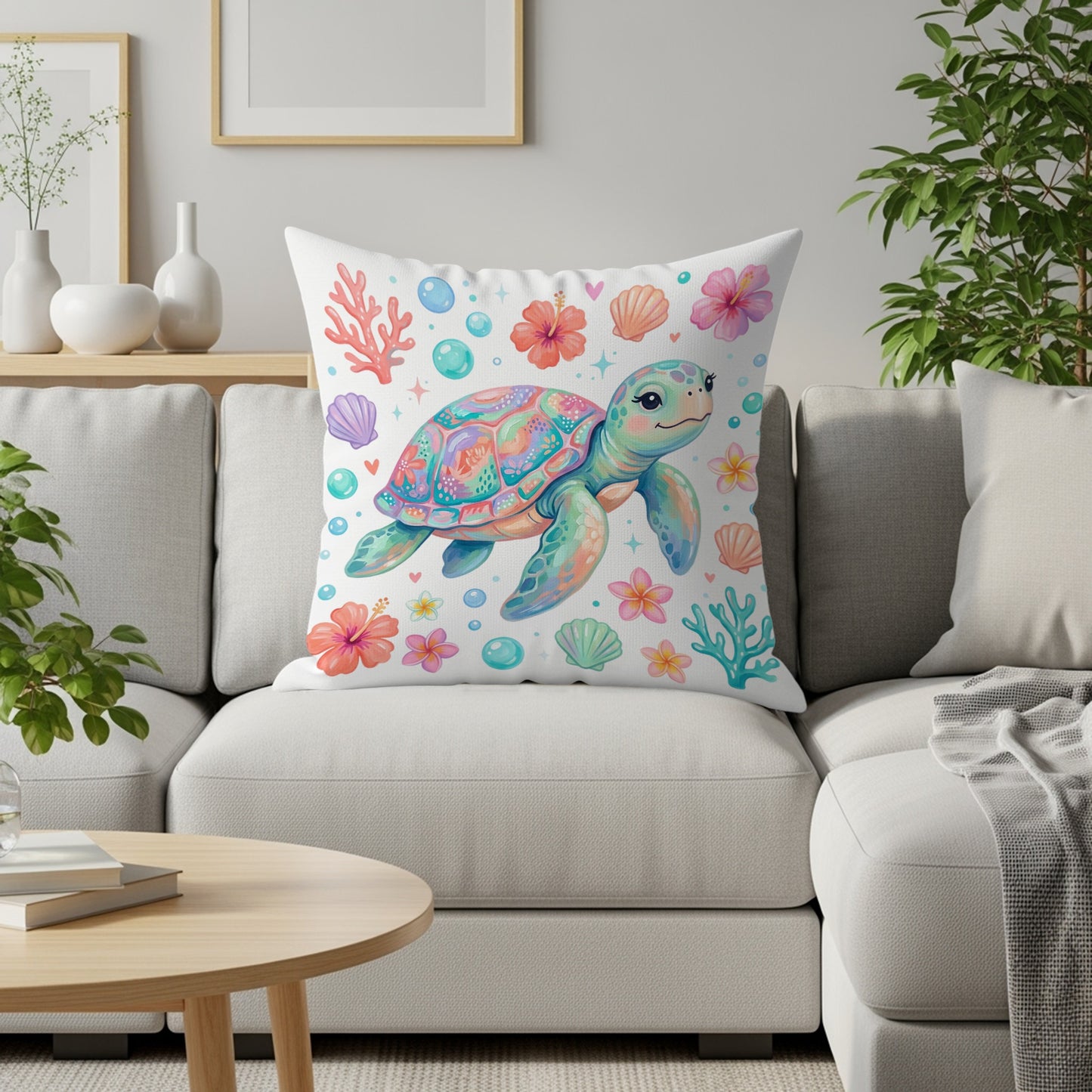 Colorful sea turtle and shells on throw pillow on a sofa.