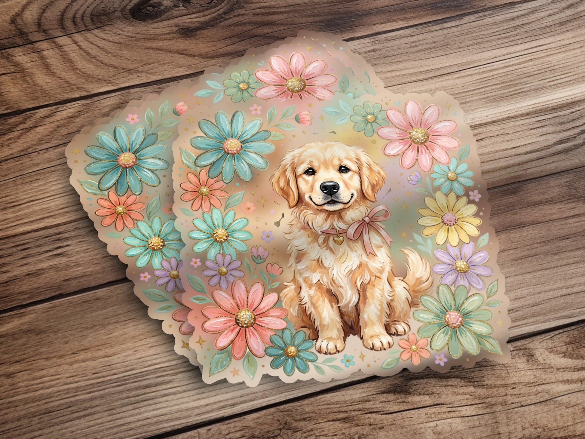 Golden Retriever puppy wearing a pink ribbon, surrounded by pastel flowers on a wooden background.