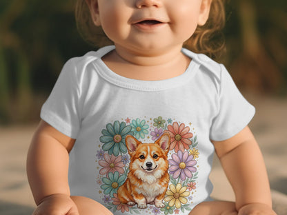 Baby in white onesie with corgi and floral design.