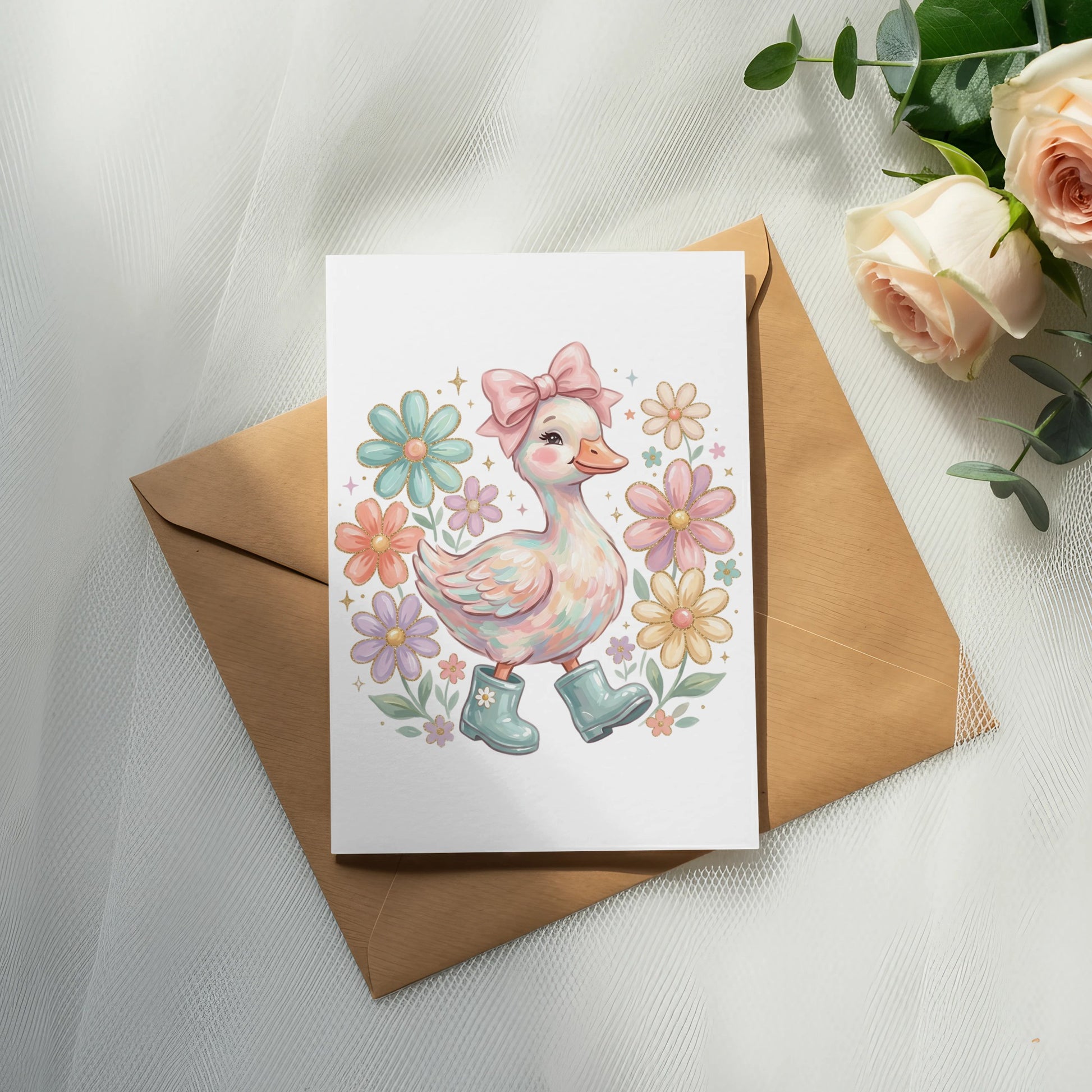 Illustration of a duck wearing boots, surrounded by pastel flowers, on an envelope.