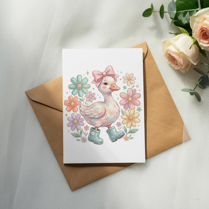 Illustration of a duck wearing boots, surrounded by pastel flowers, on an envelope.