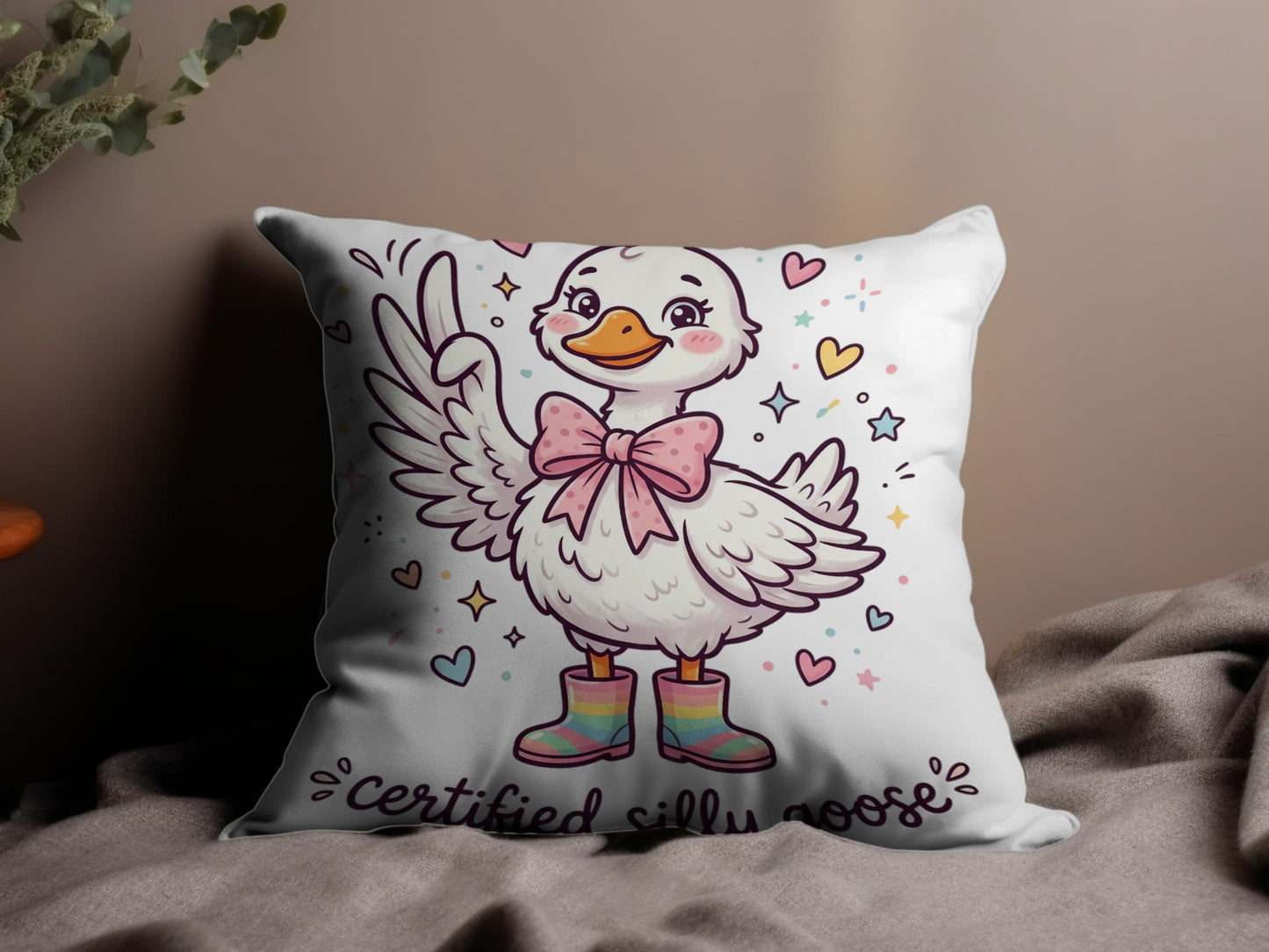 Cartoon goose in boots and bow tie, holding a peace sign.