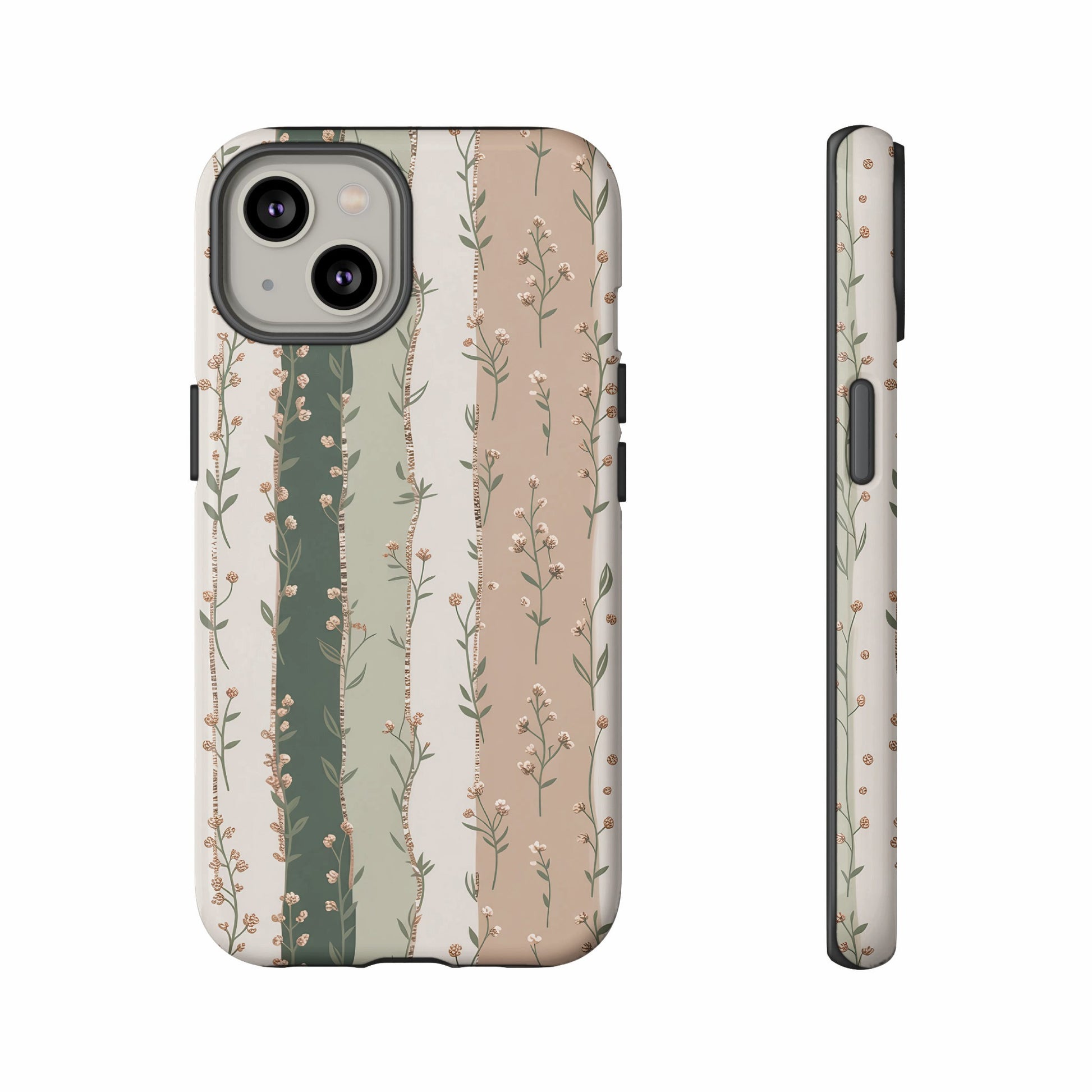 Phone case with vertical stripes and small floral pattern, viewed from front and side.
