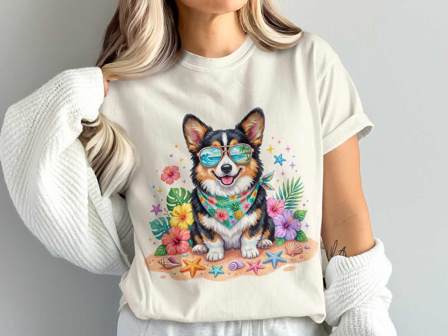 Corgi wearing sunglasses and a bandana sits among tropical flowers and seashells.