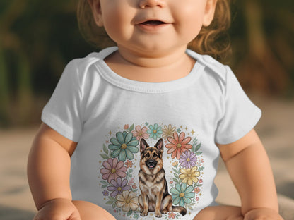 Baby in white onesie with German Shepherd and floral wreath design.