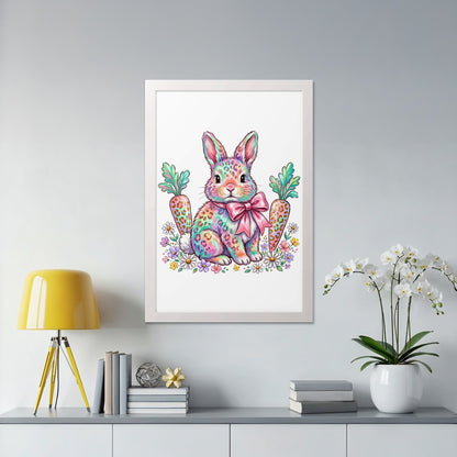 Colorful bunny with carrots and flowers in a framed picture.