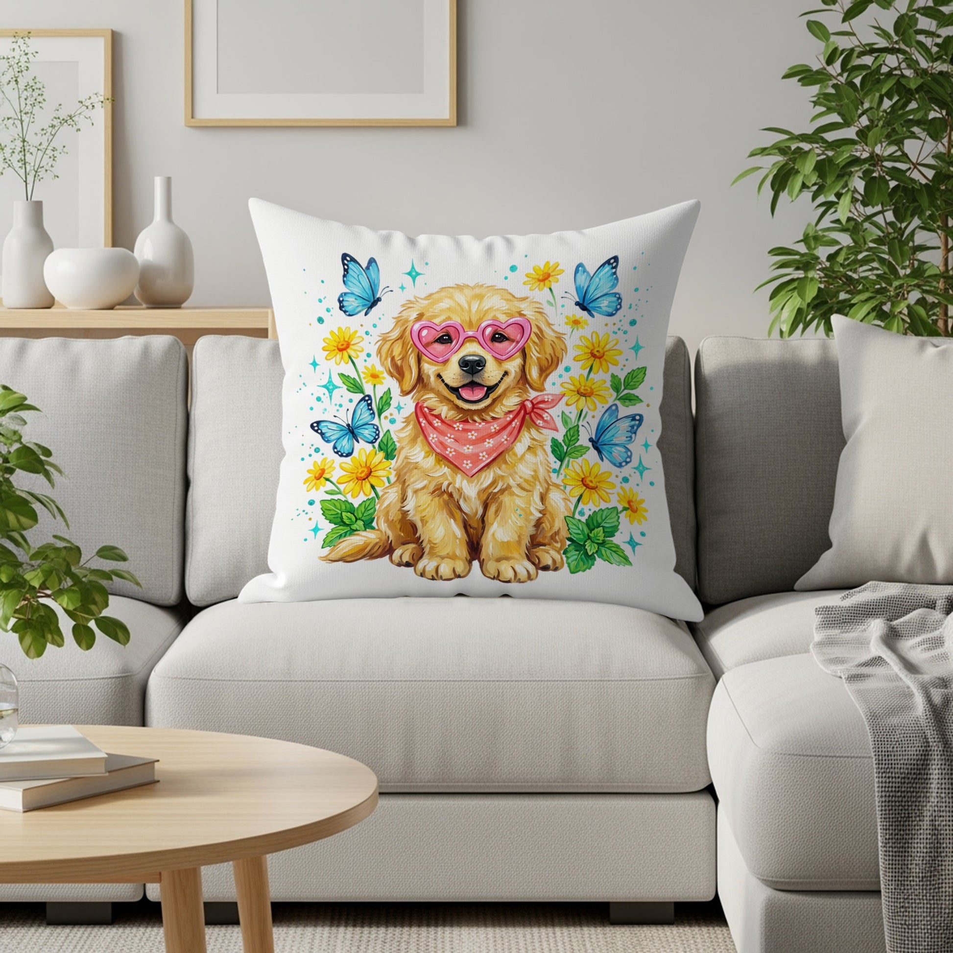 Golden retriever puppy wearing heart-shaped sunglasses and bandana with butterflies.