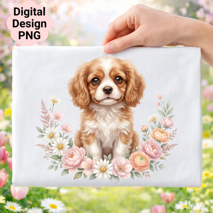 Cavalier King Charles Spaniel puppy surrounded by floral design.