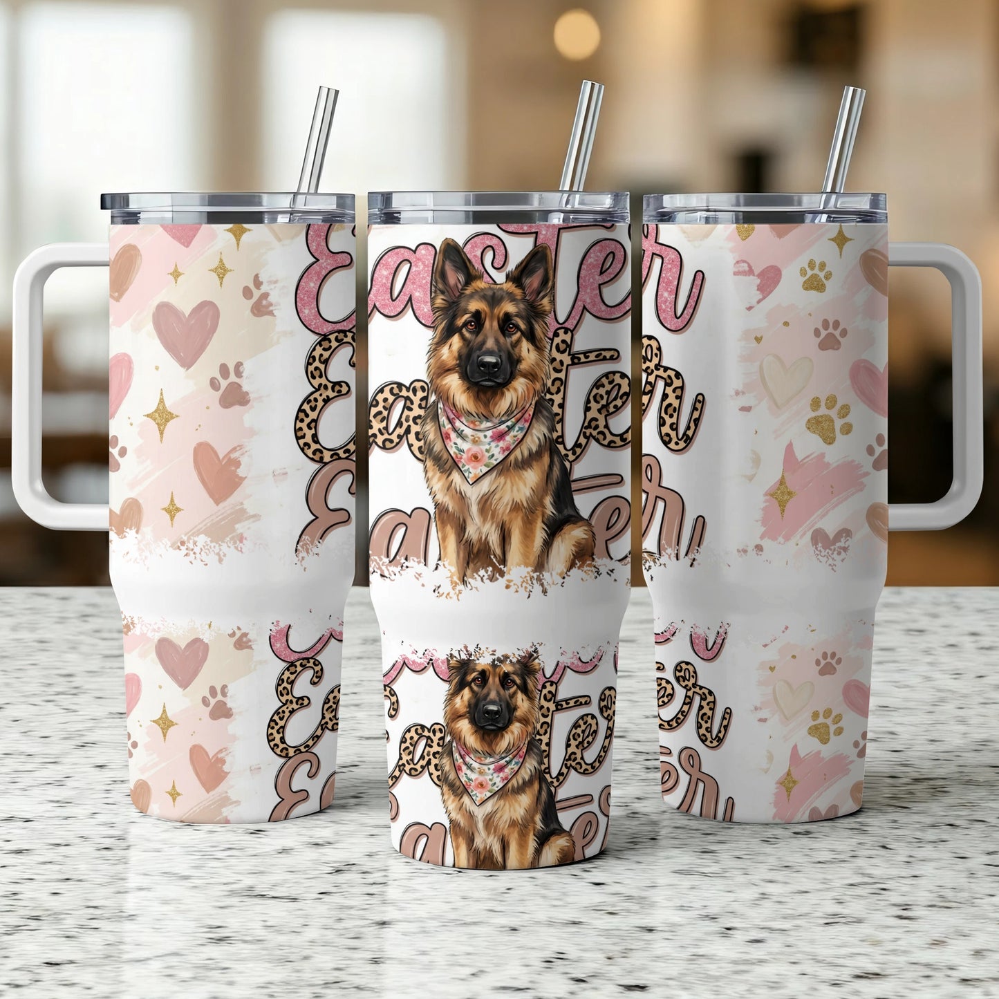 German Shepherd Easter tumbler with floral bandana and paw prints.