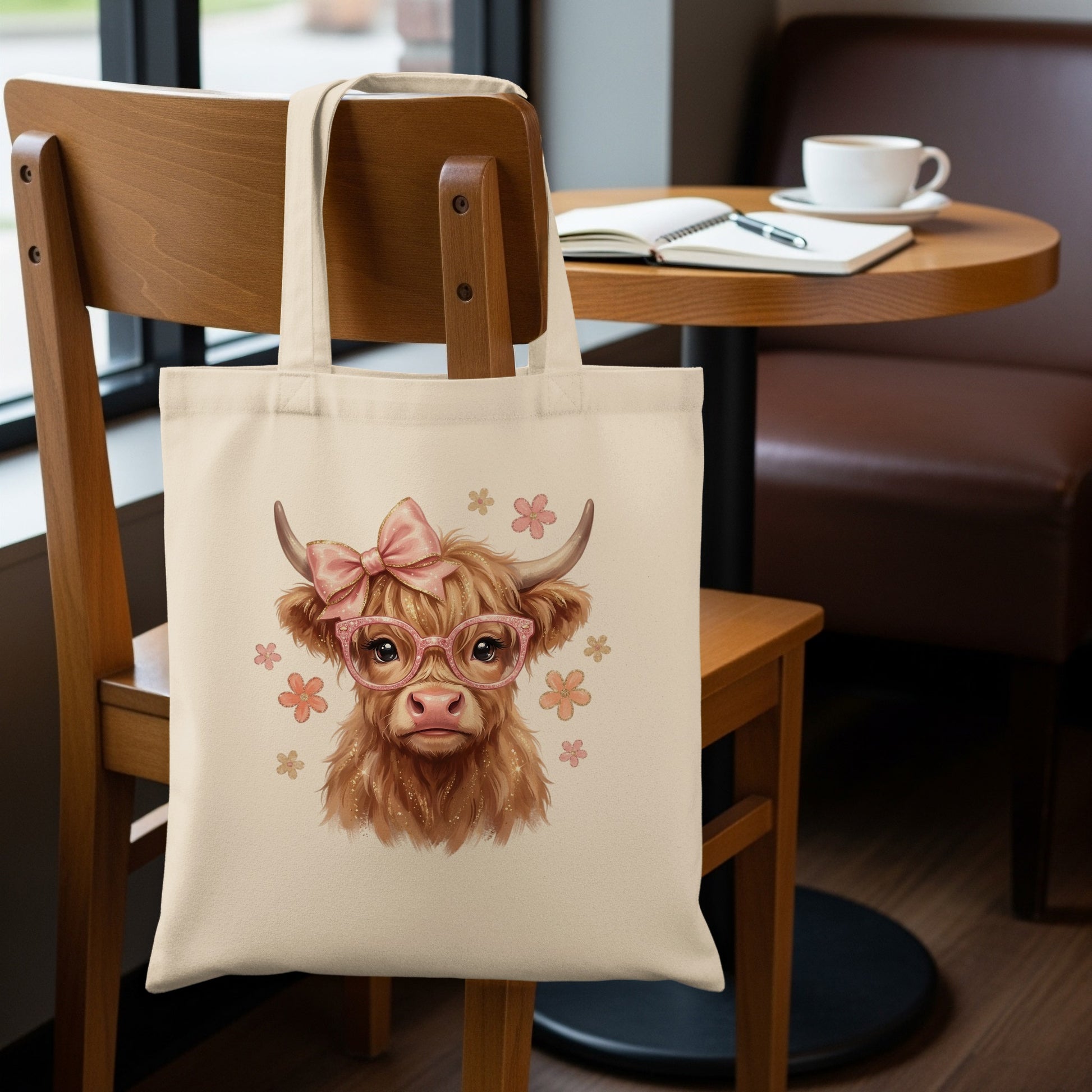 Cream tote bag with a cartoon Highland cow wearing glasses and a bow.